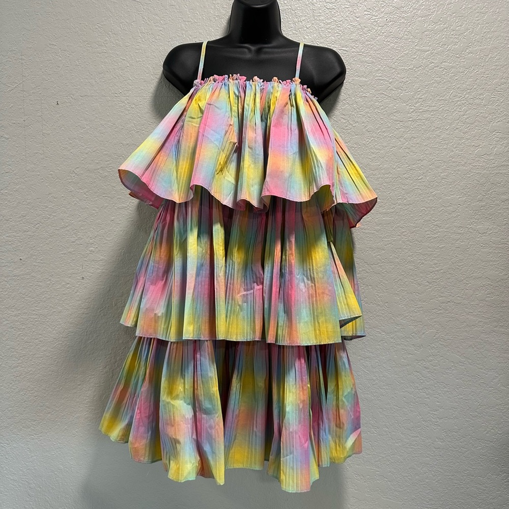 NWT Beatrice B Rainbow Fusion Pleated Square Neck Tiered Dress 4 - Picture 4 of 8